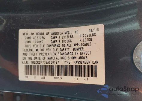 2016 Honda Accord Ex z USA, uszkodzony, nr VIN 1HGCR2F77GA006127